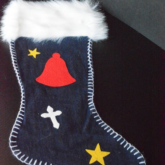VTG Denim 18" Christmas Stocking Fur Trim Cross - Picture 1 of 8